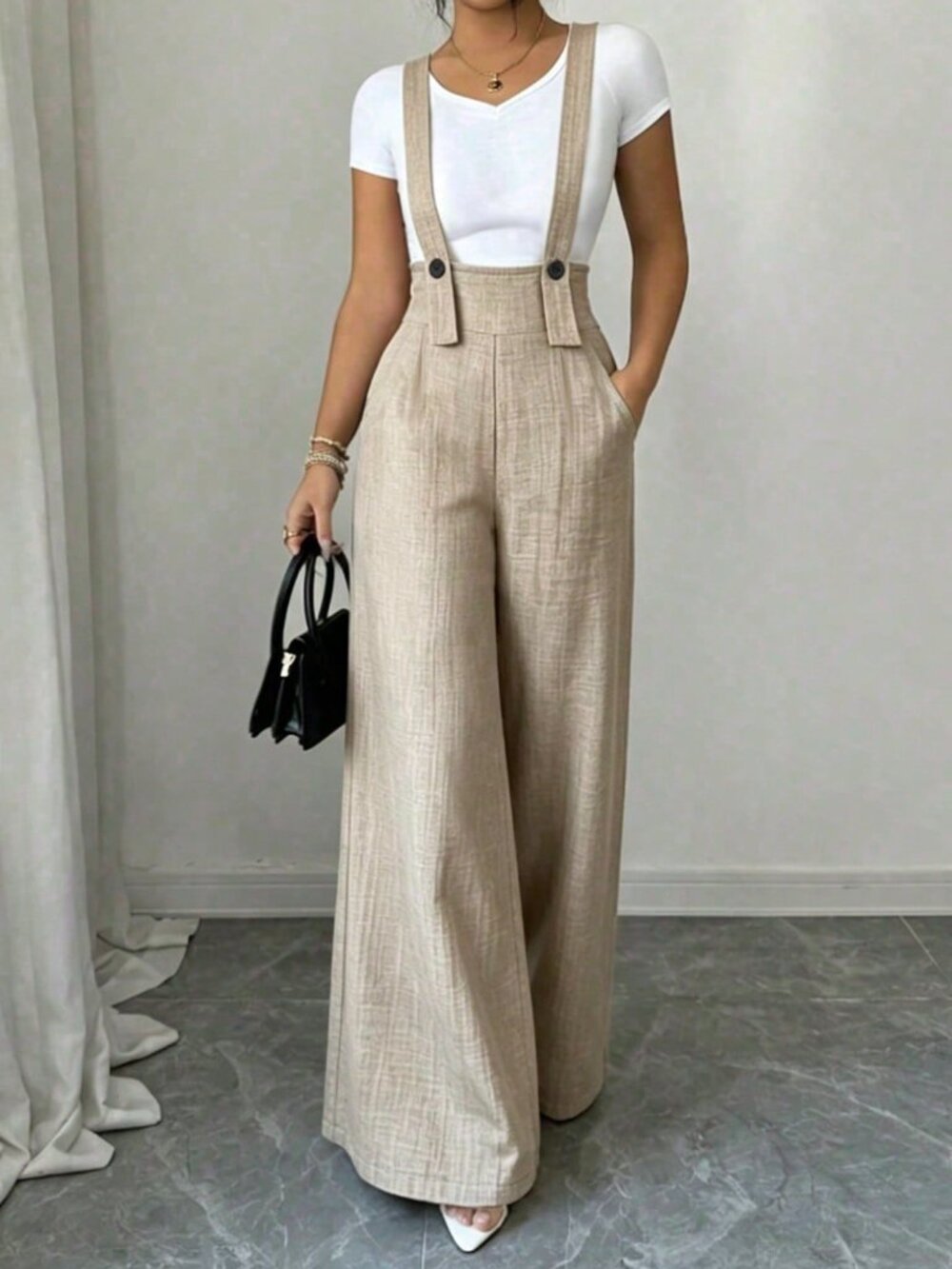 Khaki Casual Women's Button Pocket Loose Fit Jumpsuit